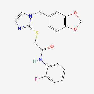 molecular formula C19H16FN3O3S B2614768 2-[1-(1,3-benzodioxol-5-ylmethyl)imidazol-2-yl]sulfanyl-N-(2-fluorophenyl)acetamide CAS No. 893381-23-2