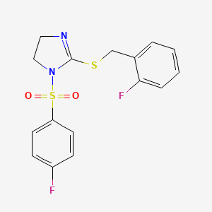 molecular formula C16H14F2N2O2S2 B2614838 2-[(2-Fluorophenyl)methylsulfanyl]-1-(4-fluorophenyl)sulfonyl-4,5-dihydroimidazole CAS No. 868218-52-4
