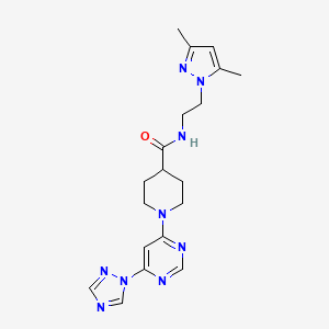 molecular formula C19H25N9O B2614865 1-(6-(1H-1,2,4-三唑-1-基)嘧啶-4-基)-N-(2-(3,5-二甲基-1H-吡唑-1-基)乙基)哌啶-4-甲酰胺 CAS No. 1797185-89-7