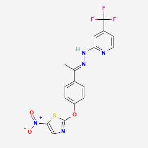 molecular formula C17H12F3N5O3S B2614870 N-[(E)-1-[4-[(5-nitro-1,3-thiazol-2-yl)oxy]phenyl]ethylideneamino]-4-(trifluoromethyl)pyridin-2-amine CAS No. 883047-84-5