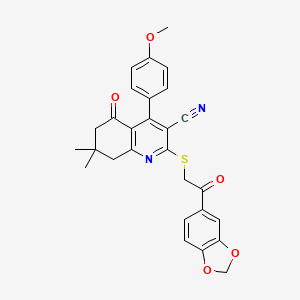 molecular formula C28H24N2O5S B2614871 2-[2-(1,3-苯并二氧杂环-5-基)-2-氧代乙基]硫代-4-(4-甲氧基苯基)-7,7-二甲基-5-氧代-6,8-二氢喹啉-3-碳腈 CAS No. 690642-65-0