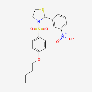 molecular formula C19H22N2O5S2 B2614894 3-((4-Butoxyphenyl)sulfonyl)-2-(3-nitrophenyl)thiazolidine CAS No. 441740-73-4