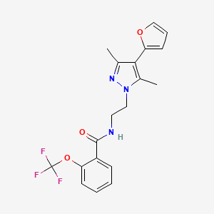 molecular formula C19H18F3N3O3 B2614944 N-(2-(4-(呋喃-2-基)-3,5-二甲基-1H-吡唑-1-基)乙基)-2-(三氟甲氧基)苯甲酰胺 CAS No. 2034374-41-7