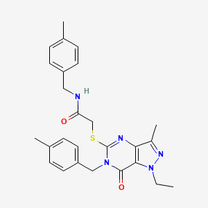 molecular formula C26H29N5O2S B2615018 2-({1-乙基-3-甲基-6-[(4-甲苯基)甲基]-7-氧代-1H,6H,7H-吡唑并[4,3-d]嘧啶-5-基}硫代)-N-[(4-甲苯基)甲基]乙酰胺 CAS No. 1359317-63-7