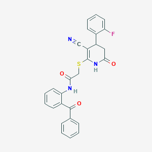 molecular formula C27H20FN3O3S B2615029 2-{[3-cyano-4-(2-fluorophenyl)-6-oxo-1,4,5,6-tetrahydropyridin-2-yl]sulfanyl}-N-[2-(phenylcarbonyl)phenyl]acetamide CAS No. 693254-46-5