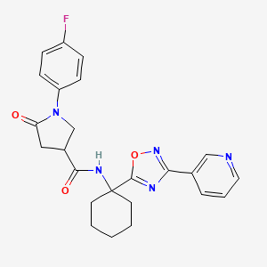 molecular formula C24H24FN5O3 B2615037 1-(4-fluorophenyl)-5-oxo-N-(1-(3-(pyridin-3-yl)-1,2,4-oxadiazol-5-yl)cyclohexyl)pyrrolidine-3-carboxamide CAS No. 1396634-77-7