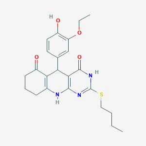 molecular formula C23H27N3O4S B2615040 2-(butylsulfanyl)-5-(3-ethoxy-4-hydroxyphenyl)-5,8,9,10-tetrahydropyrimido[4,5-b]quinoline-4,6(3H,7H)-dione CAS No. 628278-52-4