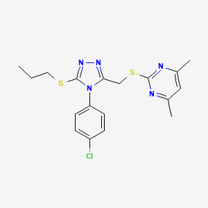 molecular formula C18H20ClN5S2 B2615098 2-[[4-(4-Chlorophenyl)-5-propylsulfanyl-1,2,4-triazol-3-yl]methylsulfanyl]-4,6-dimethylpyrimidine CAS No. 868222-52-0