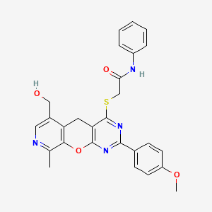 molecular formula C27H24N4O4S B2615185 2-{[11-(hydroxymethyl)-5-(4-methoxyphenyl)-14-methyl-2-oxa-4,6,13-triazatricyclo[8.4.0.0^{3,8}]tetradeca-1(10),3(8),4,6,11,13-hexaen-7-yl]sulfanyl}-N-phenylacetamide CAS No. 892381-96-3