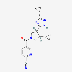 molecular formula C19H20N6O B2615374 5-[(3R,4R)-3-Cyclopropyl-4-(3-cyclopropyl-1H-1,2,4-triazol-5-yl)pyrrolidine-1-carbonyl]pyridine-2-carbonitrile CAS No. 2223355-85-7