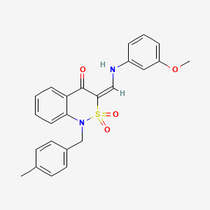 molecular formula C24H22N2O4S B2615382 (3E)-3-{[(3-methoxyphenyl)amino]methylene}-1-(4-methylbenzyl)-1H-2,1-benzothiazin-4(3H)-one 2,2-dioxide CAS No. 893310-38-8