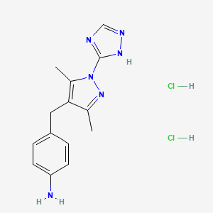 molecular formula C14H18Cl2N6 B2615406 4-((3,5-dimethyl-1-(4H-1,2,4-triazol-3-yl)-1H-pyrazol-4-yl)methyl)aniline dihydrochloride CAS No. 1573548-52-3