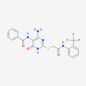 molecular formula C20H16F3N5O3S B2615432 N-(4-amino-6-oxo-2-((2-oxo-2-((2-(trifluoromethyl)phenyl)amino)ethyl)thio)-1,6-dihydropyrimidin-5-yl)benzamide CAS No. 888432-29-9