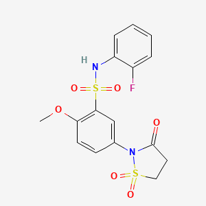 molecular formula C16H15FN2O6S2 B2615433 5-(1,1-二氧化-3-氧代异噻唑烷-2-基)-N-(2-氟苯基)-2-甲氧基苯磺酰胺 CAS No. 1015572-33-4