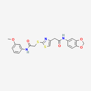 molecular formula C21H19N3O5S2 B2615458 N-(苯并[d][1,3]二氧杂环-5-基)-2-(2-((2-((3-甲氧基苯基)氨基)-2-氧代乙基)硫代)噻唑-4-基)乙酰胺 CAS No. 942000-26-2