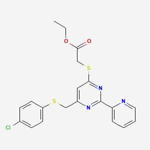 molecular formula C20H18ClN3O2S2 B2615488 Ethyl 2-{[6-{[(4-chlorophenyl)sulfanyl]methyl}-2-(2-pyridinyl)-4-pyrimidinyl]sulfanyl}acetate CAS No. 860609-57-0