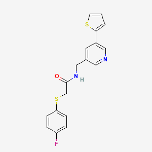 molecular formula C18H15FN2OS2 B2615509 2-((4-氟苯基)硫代)-N-((5-(噻吩-2-基)吡啶-3-基)甲基)乙酰胺 CAS No. 2034595-23-6