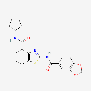molecular formula C21H23N3O4S B2615512 2-(benzo[d][1,3]dioxole-5-carboxamido)-N-cyclopentyl-4,5,6,7-tetrahydrobenzo[d]thiazole-4-carboxamide CAS No. 955736-00-2