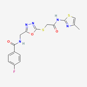 molecular formula C16H14FN5O3S2 B2615549 4-氟基-N-((5-((2-((4-甲基噻唑-2-基)氨基)-2-氧代乙基)硫代)-1,3,4-恶二唑-2-基)甲基)苯甲酰胺 CAS No. 906155-17-7