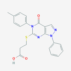 molecular formula C21H18N4O3S B261561 3-{[5-(4-methylphenyl)-4-oxo-1-phenyl-4,5-dihydro-1H-pyrazolo[3,4-d]pyrimidin-6-yl]sulfanyl}propanoic acid 