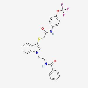 molecular formula C26H22F3N3O3S B2615626 N-(2-(3-((2-oxo-2-((4-(trifluoromethoxy)phenyl)amino)ethyl)thio)-1H-indol-1-yl)ethyl)benzamide CAS No. 851715-27-0