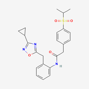 molecular formula C23H25N3O4S B2615642 N-(2-((3-cyclopropyl-1,2,4-oxadiazol-5-yl)methyl)phenyl)-2-(4-(isopropylsulfonyl)phenyl)acetamide CAS No. 1797267-52-7