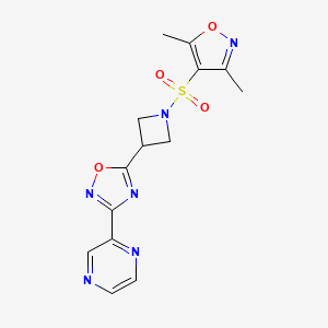molecular formula C14H14N6O4S B2615687 5-(1-((3,5-Dimethylisoxazol-4-yl)sulfonyl)azetidin-3-yl)-3-(pyrazin-2-yl)-1,2,4-oxadiazole CAS No. 1324680-01-4