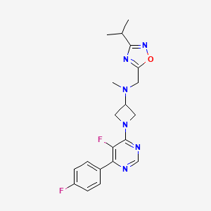 molecular formula C20H22F2N6O B2615691 1-[5-Fluoro-6-(4-fluorophenyl)pyrimidin-4-yl]-N-methyl-N-[(3-propan-2-yl-1,2,4-oxadiazol-5-yl)methyl]azetidin-3-amine CAS No. 2380194-67-0