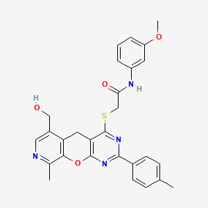 molecular formula C28H26N4O4S B2615693 2-{[6-(hydroxymethyl)-9-methyl-2-(4-methylphenyl)-5H-pyrido[4',3':5,6]pyrano[2,3-d]pyrimidin-4-yl]thio}-N-(3-methoxyphenyl)acetamide CAS No. 892384-67-7