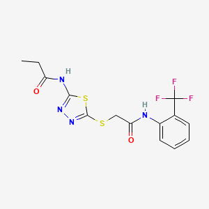 molecular formula C14H13F3N4O2S2 B2615707 N-[5-[2-oxo-2-[2-(trifluoromethyl)anilino]ethyl]sulfanyl-1,3,4-thiadiazol-2-yl]propanamide CAS No. 392296-80-9