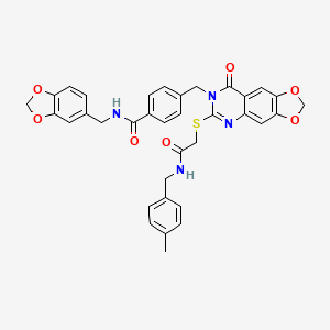molecular formula C35H30N4O7S B2615765 N-(1,3-苯并二氧杂环-5-基甲基)-4-{[6-({2-[(4-甲基苄基)氨基]-2-氧代乙基}硫)-8-氧代[1,3]二氧杂环[4,5-g]喹唑啉-7(8H)-基]甲基}苯甲酰胺 CAS No. 688062-01-3