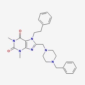 molecular formula C27H32N6O2 B2615820 8-[(4-benzylpiperazin-1-yl)methyl]-1,3-dimethyl-7-(2-phenylethyl)-3,7-dihydro-1H-purine-2,6-dione CAS No. 573942-01-5