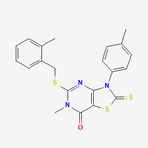 molecular formula C21H19N3OS3 B2615874 6-methyl-5-((2-methylbenzyl)thio)-2-thioxo-3-(p-tolyl)-2,3-dihydrothiazolo[4,5-d]pyrimidin-7(6H)-one CAS No. 1114603-39-2