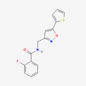 molecular formula C15H11FN2O2S B2615912 2-氟-N-((5-(噻吩-2-基)异恶唑-3-基)甲基)苯甲酰胺 CAS No. 946263-17-8