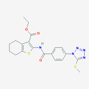 molecular formula C20H21N5O3S2 B261593 ethyl 2-({4-[5-(methylsulfanyl)-1H-tetraazol-1-yl]benzoyl}amino)-4,5,6,7-tetrahydro-1-benzothiophene-3-carboxylate 