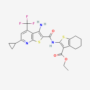molecular formula C23H22F3N3O3S2 B2615960 Ethyl 2-({[3-amino-6-cyclopropyl-4-(trifluoromethyl)thieno[2,3-b]pyridin-2-yl]carbonyl}amino)-4,5,6,7-tetrahydro-1-benzothiophene-3-carboxylate CAS No. 626226-42-4