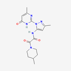 molecular formula C17H22N6O3 B2616026 N-(3-methyl-1-(4-methyl-6-oxo-1,6-dihydropyrimidin-2-yl)-1H-pyrazol-5-yl)-2-(4-methylpiperidin-1-yl)-2-oxoacetamide CAS No. 1014089-49-6