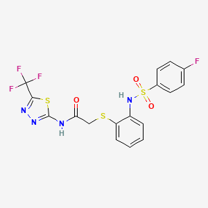 molecular formula C17H12F4N4O3S3 B2616065 2-[(2-{[(4-fluorophenyl)sulfonyl]amino}phenyl)sulfanyl]-N-[5-(trifluoromethyl)-1,3,4-thiadiazol-2-yl]acetamide CAS No. 478045-36-2
