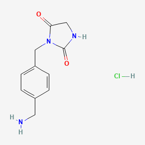 molecular formula C11H14ClN3O2 B2616133 3-{[4-(Aminomethyl)phenyl]methyl}imidazolidine-2,4-dione hydrochloride CAS No. 2059949-75-4