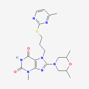 molecular formula C20H27N7O3S B2616149 8-(2,6-Dimethylmorpholin-4-yl)-3-methyl-7-[3-(4-methylpyrimidin-2-yl)sulfanylpropyl]purine-2,6-dione CAS No. 872623-56-8