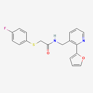 molecular formula C18H15FN2O2S B2616253 2-((4-fluorophenyl)thio)-N-((2-(furan-2-yl)pyridin-3-yl)methyl)acetamide CAS No. 2034268-29-4
