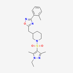 molecular formula C22H29N5O3S B2616287 5-((1-((1-ethyl-3,5-dimethyl-1H-pyrazol-4-yl)sulfonyl)piperidin-3-yl)methyl)-3-(o-tolyl)-1,2,4-oxadiazole CAS No. 1705208-73-6