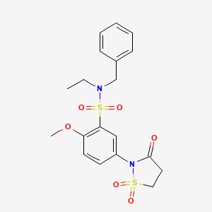 molecular formula C19H22N2O6S2 B2616290 N-benzyl-5-(1,1-dioxido-3-oxoisothiazolidin-2-yl)-N-ethyl-2-methoxybenzenesulfonamide CAS No. 950432-50-5