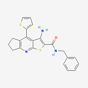molecular formula C22H19N3OS2 B2616304 3-amino-N-benzyl-4-(thiophen-2-yl)-6,7-dihydro-5H-cyclopenta[b]thieno[3,2-e]pyridine-2-carboxamide CAS No. 434292-26-9
