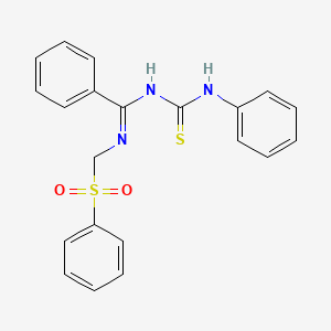 molecular formula C21H19N3O2S2 B2616323 1-[(E)-N-(benzenesulfonylmethyl)-C-phenylcarbonimidoyl]-3-phenylthiourea CAS No. 127722-23-0