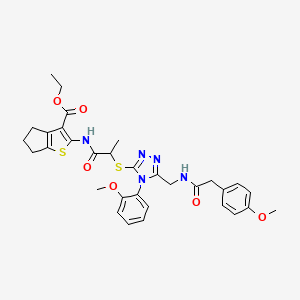 molecular formula C32H35N5O6S2 B2616326 ethyl 2-(2-((4-(2-methoxyphenyl)-5-((2-(4-methoxyphenyl)acetamido)methyl)-4H-1,2,4-triazol-3-yl)thio)propanamido)-5,6-dihydro-4H-cyclopenta[b]thiophene-3-carboxylate CAS No. 393815-65-1