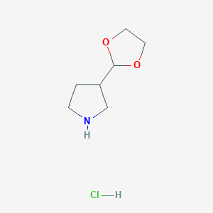 molecular formula C7H14ClNO2 B2616368 3-(1,3-Dioxolan-2-yl)pyrrolidine hydrochloride CAS No. 1353979-52-8; 1841081-60-4
