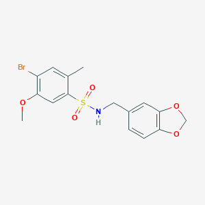 molecular formula C16H16BrNO5S B261641 N-(1,3-benzodioxol-5-ylmethyl)-4-bromo-5-methoxy-2-methylbenzenesulfonamide 