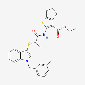 molecular formula C29H30N2O3S2 B2616501 ethyl 2-(2-((1-(3-methylbenzyl)-1H-indol-3-yl)thio)propanamido)-5,6-dihydro-4H-cyclopenta[b]thiophene-3-carboxylate CAS No. 681276-20-0