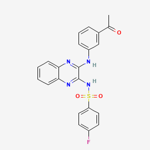 molecular formula C22H17FN4O3S B2616554 N-{3-[(3-acetylphenyl)amino]quinoxalin-2-yl}-4-fluorobenzene-1-sulfonamide CAS No. 714925-13-0